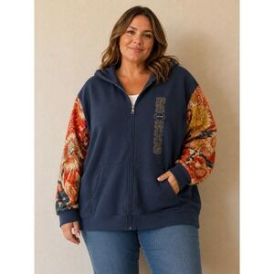 Upcycled Broncos Rhinestone Kantha Floral Sleeve Zip Up Hoodie Sweatshirt XL